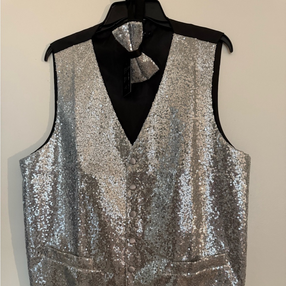 Silver Sequin Vest with Black Accents